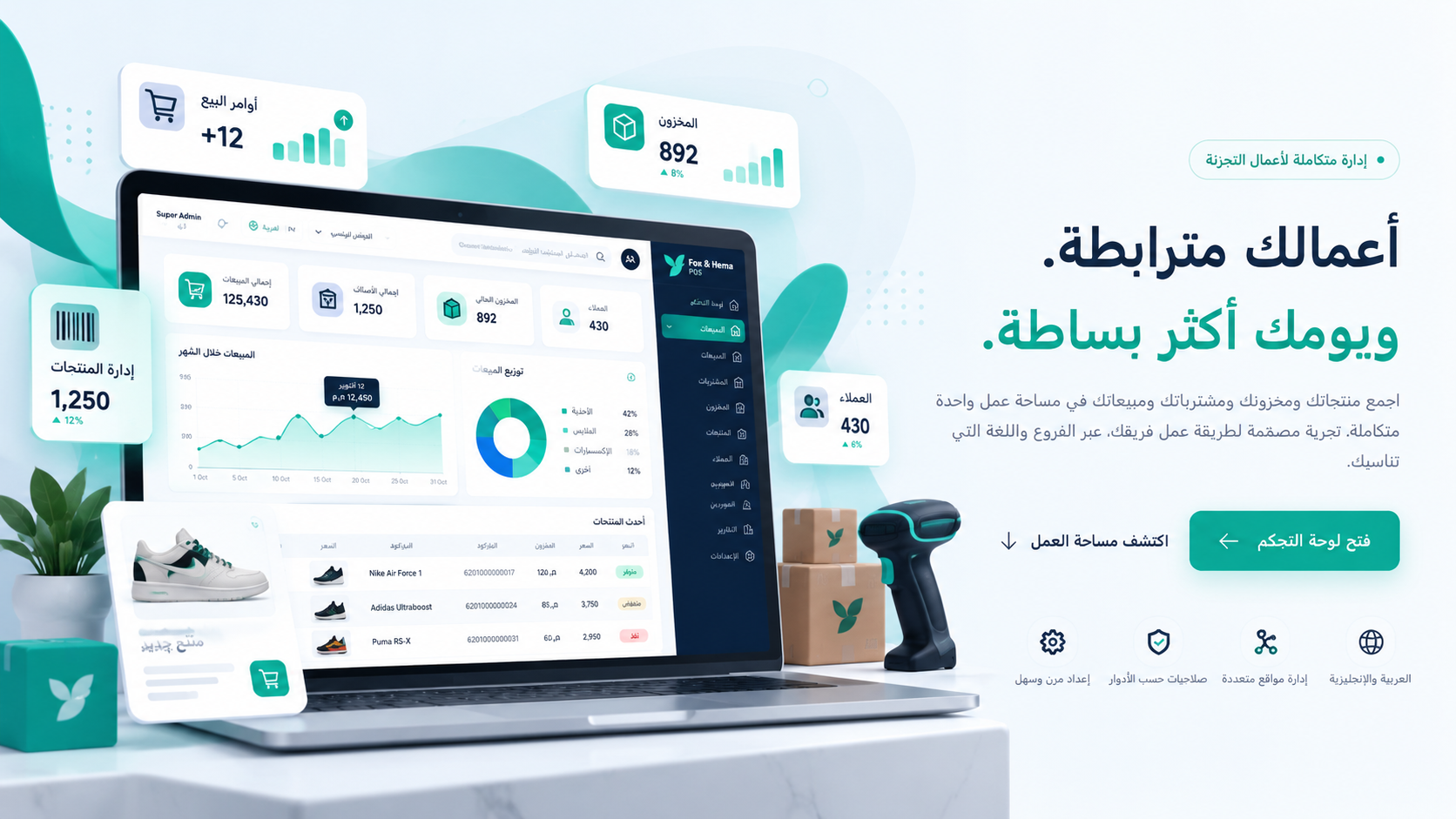 رسم توضيحي للابتوب يعرض واجهة فوكس وهيما، مع بطاقات المخزون والمنتجات والعملاء وقارئ الباركود وعبوات المنتجات.